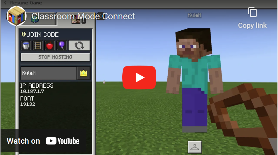 Image of a video about how to connect the Classroom Mode app to Minecraft Education