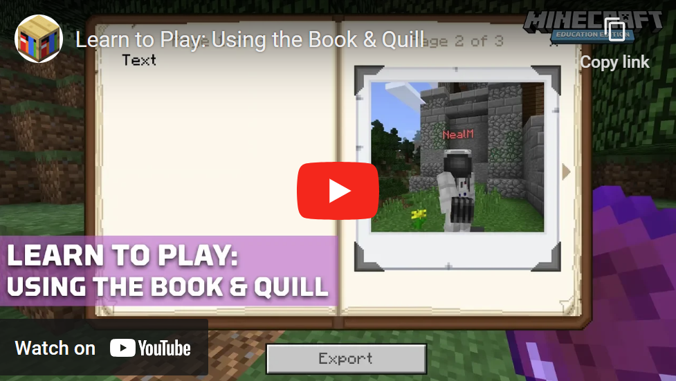 Image of a video about the Book and Quill in Minecraft Education