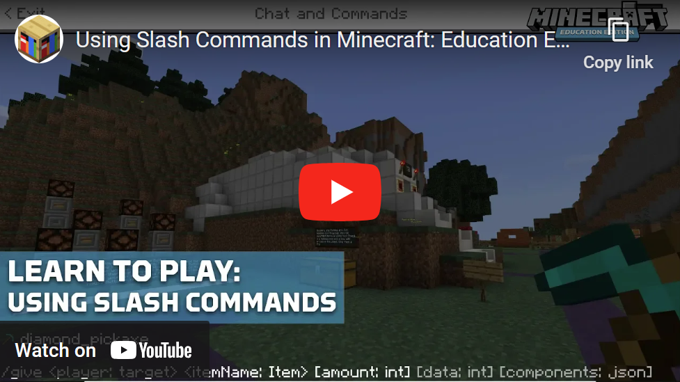 Image of a video about using slash commands in Minecraft Education